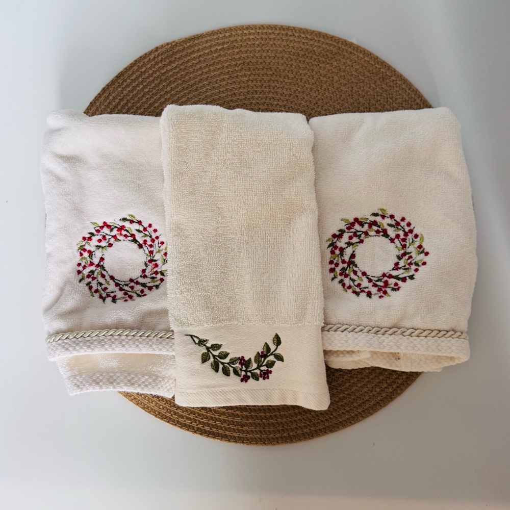 2 Winter Dreams Holly Wreath Embroidered Towels and 1 Holly Branch (no brand)